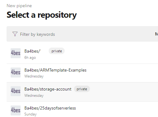 Azure DevOps for ARM templates: select Github repository