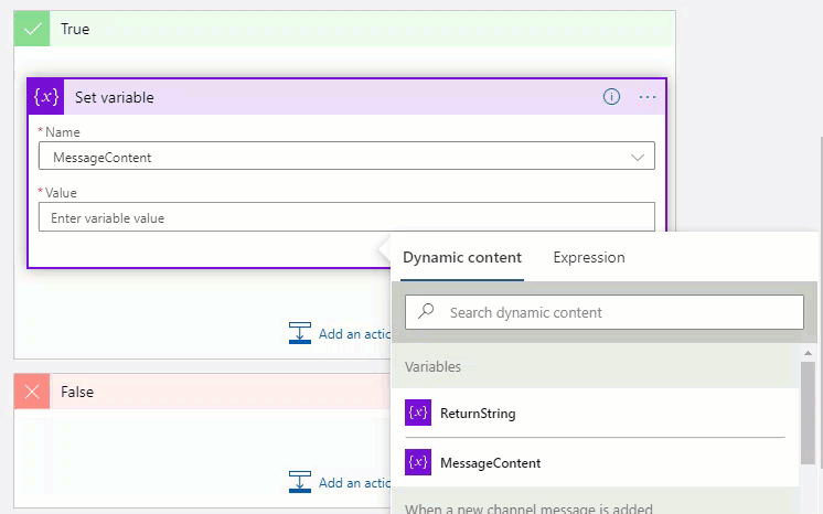 Creating the variable with dynamic content menu and expression