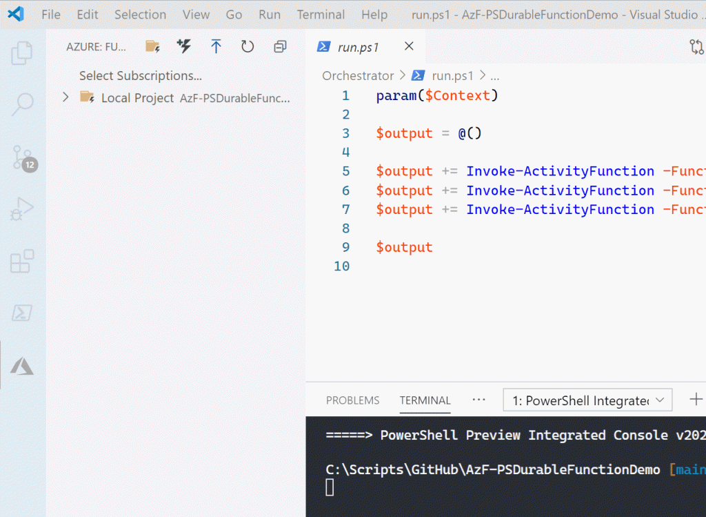Azure Durable Functions for PowerShell: Human interaction: a gif that shows how you create functions in Visual Studio Code